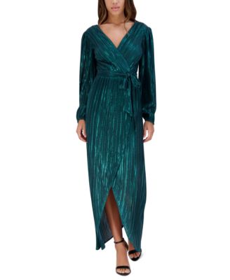 Siena - Women's Metallic Pleated Faux-Wrap Maxi Dress
