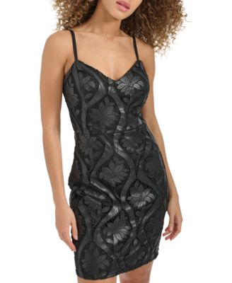 Women's Floral Lace Faux-Leather Bodycon Dress