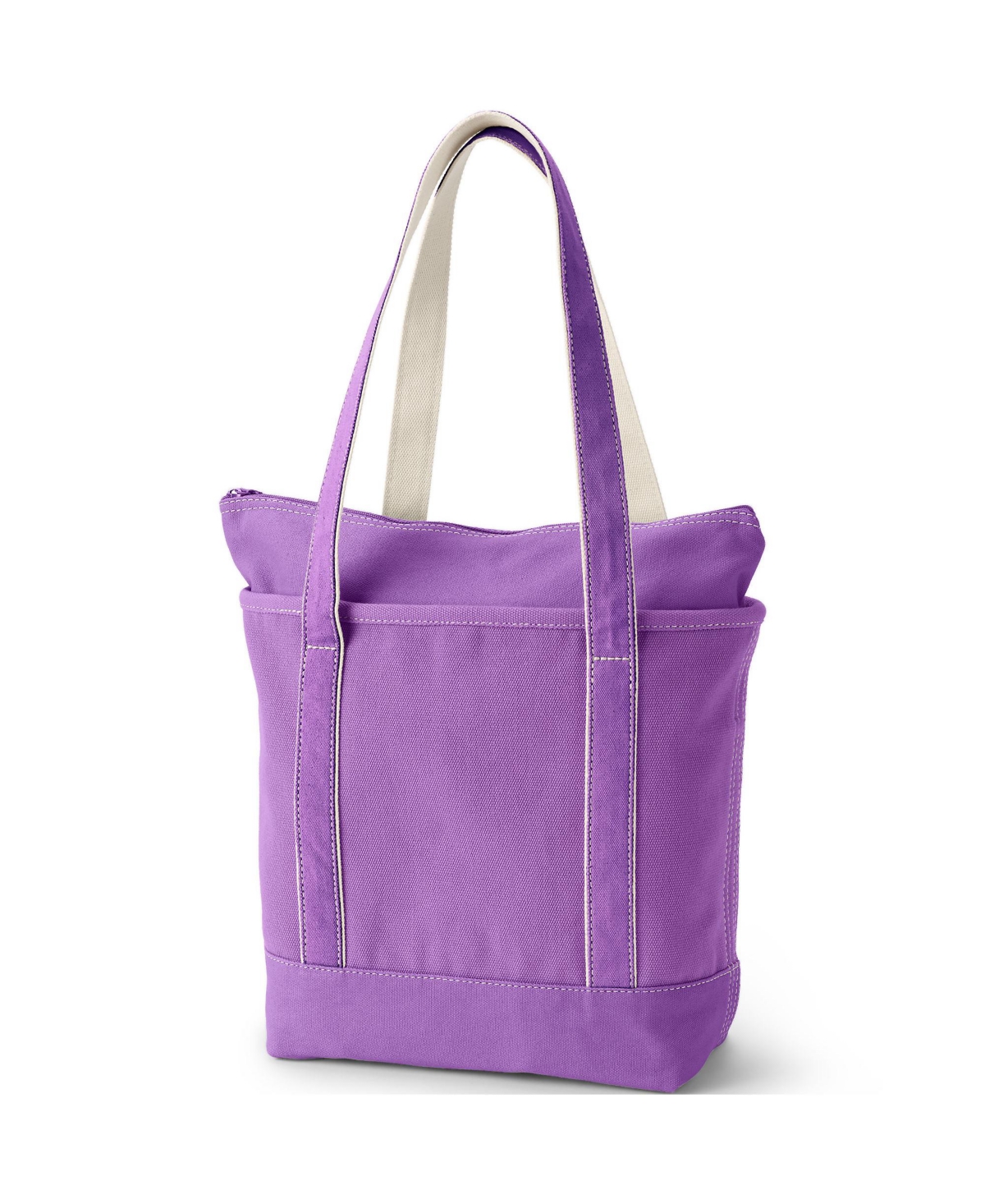 Lands' End Medium Solid Color 5 Pocket Zip Top Long Handle Canvas Tote Bag