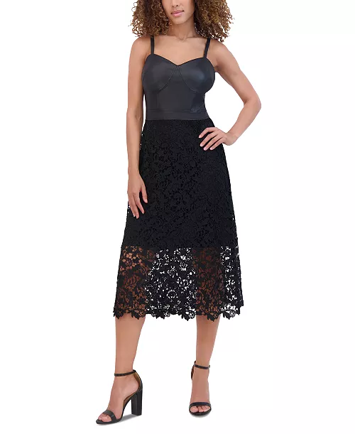 women's mix-media faux-leather floral-lace dress