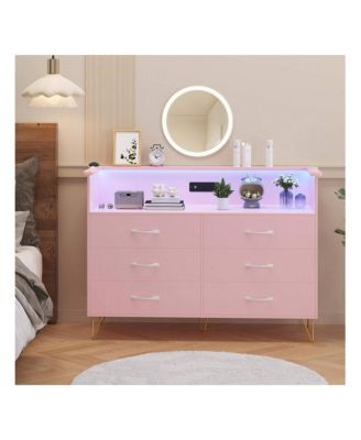 6-Drawer Wood Dresser with LED Light, Charging Station, 2-Tier Open Shelves – Bedroom Storage Cabinet