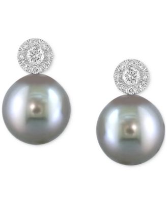 EFFY&reg; Cultured Black Tahitian Pearl (9mm) & Diamond (1/4 ct. t.w.) Stud Earrings in 14k White Gold