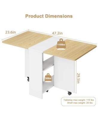 1 PC Wood 6 Wheels and 2-Layer Storage Shelf Folding  Drop Leaf Dining Table