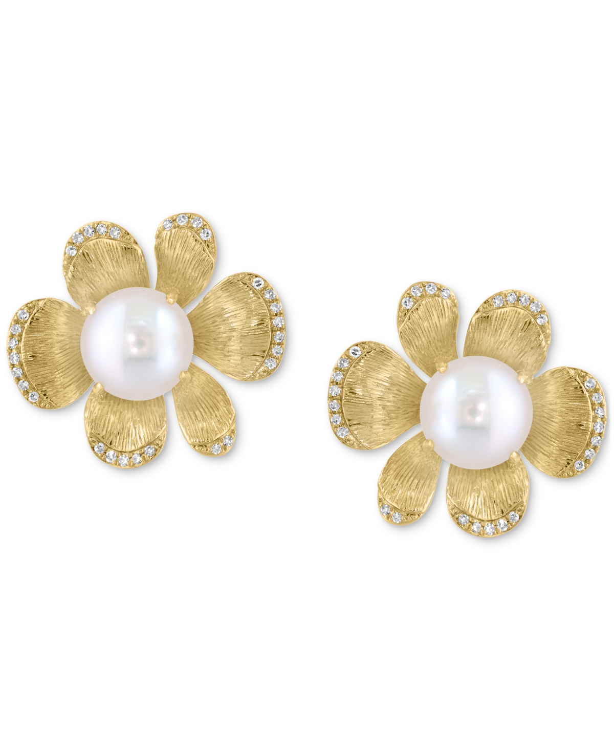 Effy Collection Cultured Freshwater Pearl (8.5mm) & Diamond Flower Earrings (1/5 Ct. T.w.) In 14k Yellow Gold In Gold