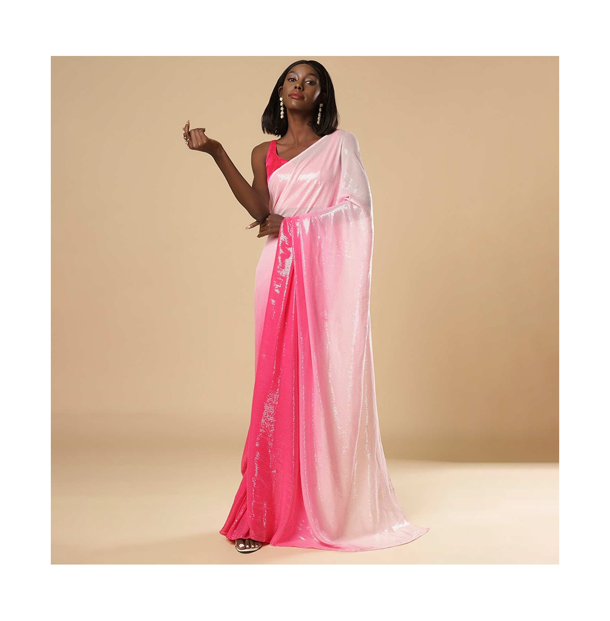 One Minute Saree Petite Kajol White & Pink Ombre Sequins Ready to Wear Sari - White  pink