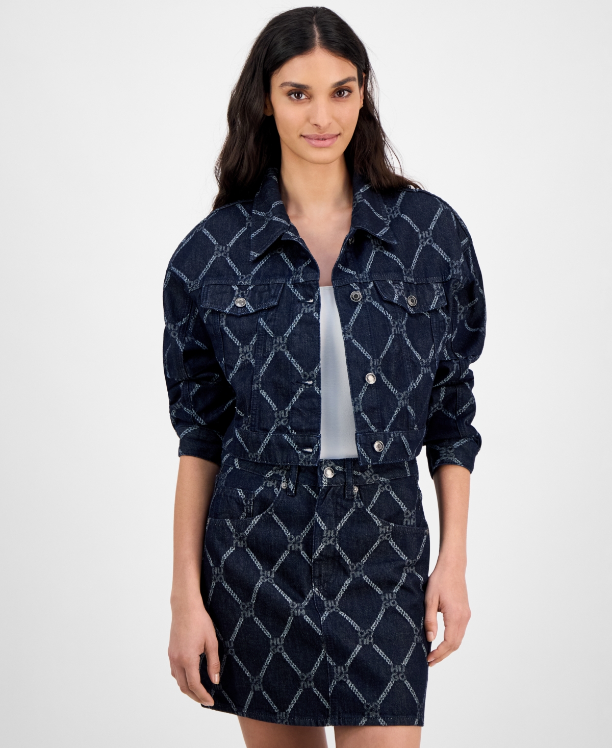 Women's Chain-Print Denim Trucker Jacket - Navy