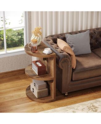 3-Tier Industrial Semi Circle End & Side Table with Storage, Narrow Wood Sofa Side Table Nightstand Bedside Table for Living Room Bedroom (Rustic Brown)