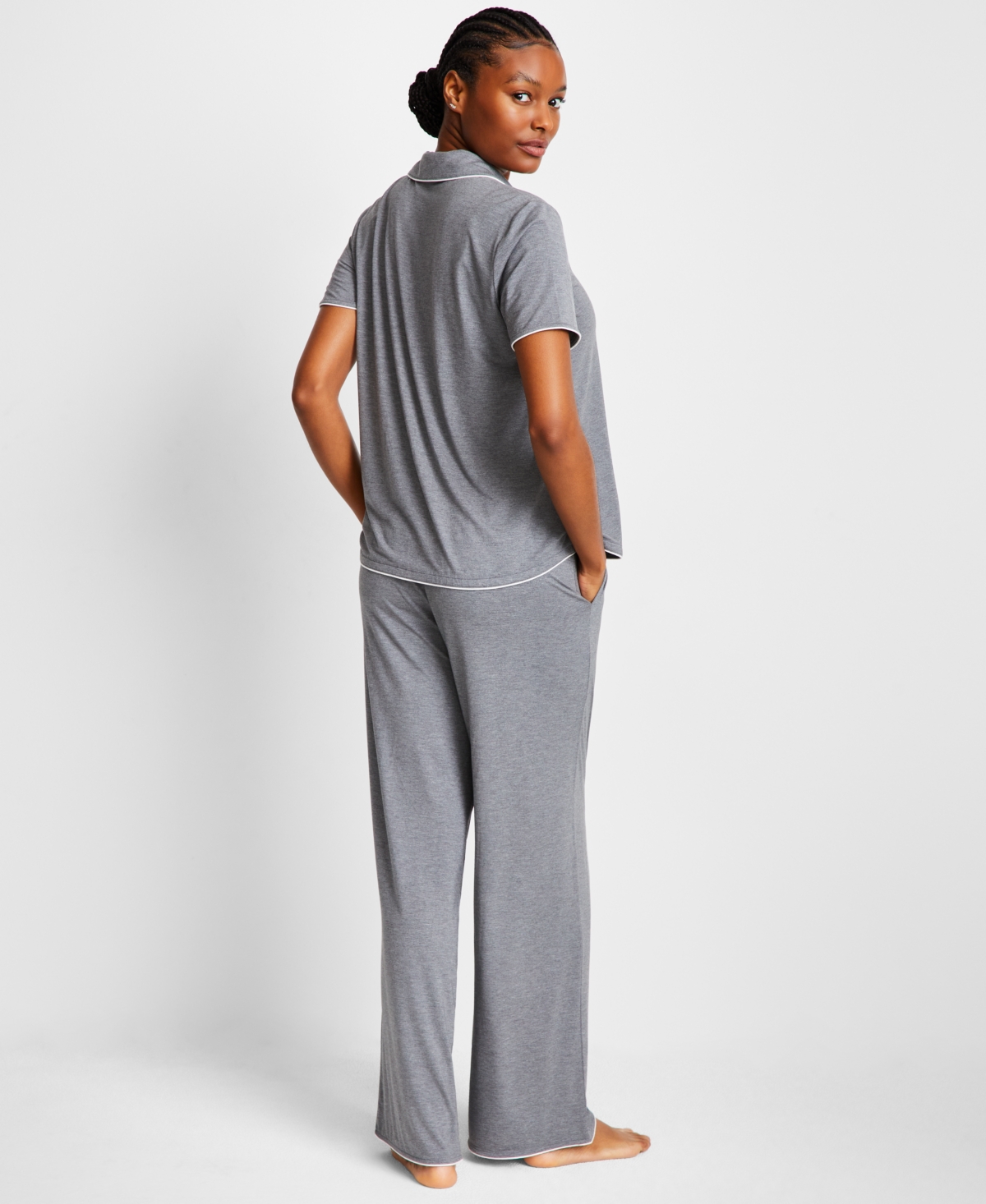State Of Day Women's Fluid Knit Notched Pajama Set, Exclusively At Macy's In Pewter Heather