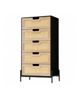 Modern Rattan 5 Drawers Dresser, Double Dresser For Bedroom, Chest Of Drawers Closet Organizers And Storage Clothes For Bedroom Living Room