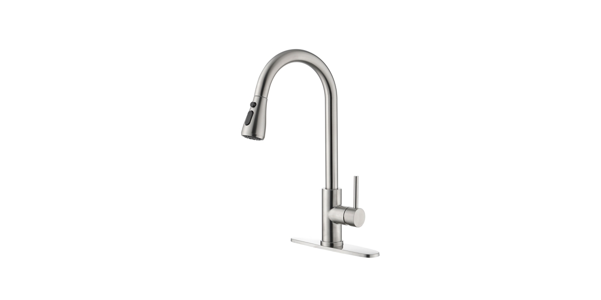Single Handle Kitchen Sink Faucet &#x2013; High Arc Design with Pull-Down Sprayer in Brushed Stainless Steel Finish - Silver