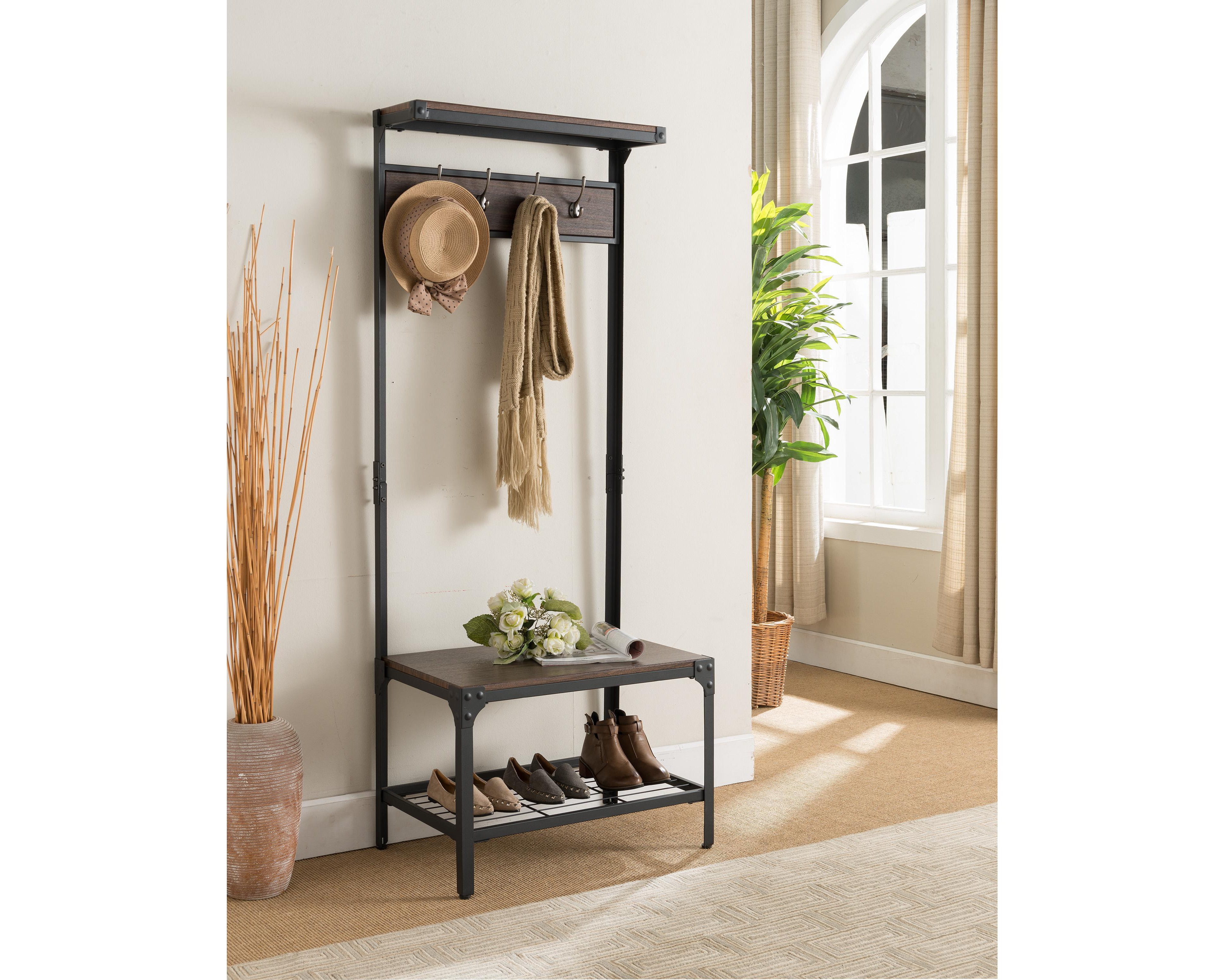 Kings Brand Furniture Entryway Bench with Storage Rack - Metal Shoe Rack & Coat Rack with Shelf & Hooks - Antique Hallway Bench - Black/Walnut