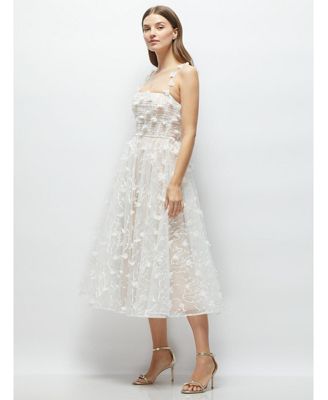 Women's 3D Floral Embroidered Little White Midi Dress with Nude Corset Underlay