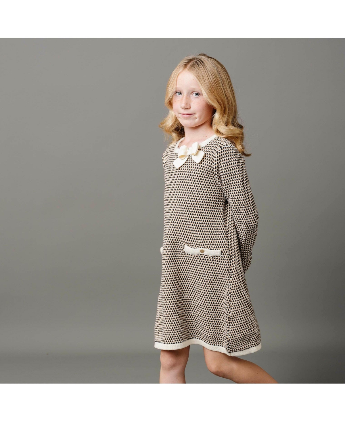 Hope & Henry Toddler Girls Organic Long Sleeve Bow Detail Tweed Sweater Dress - Black and cream tweed
