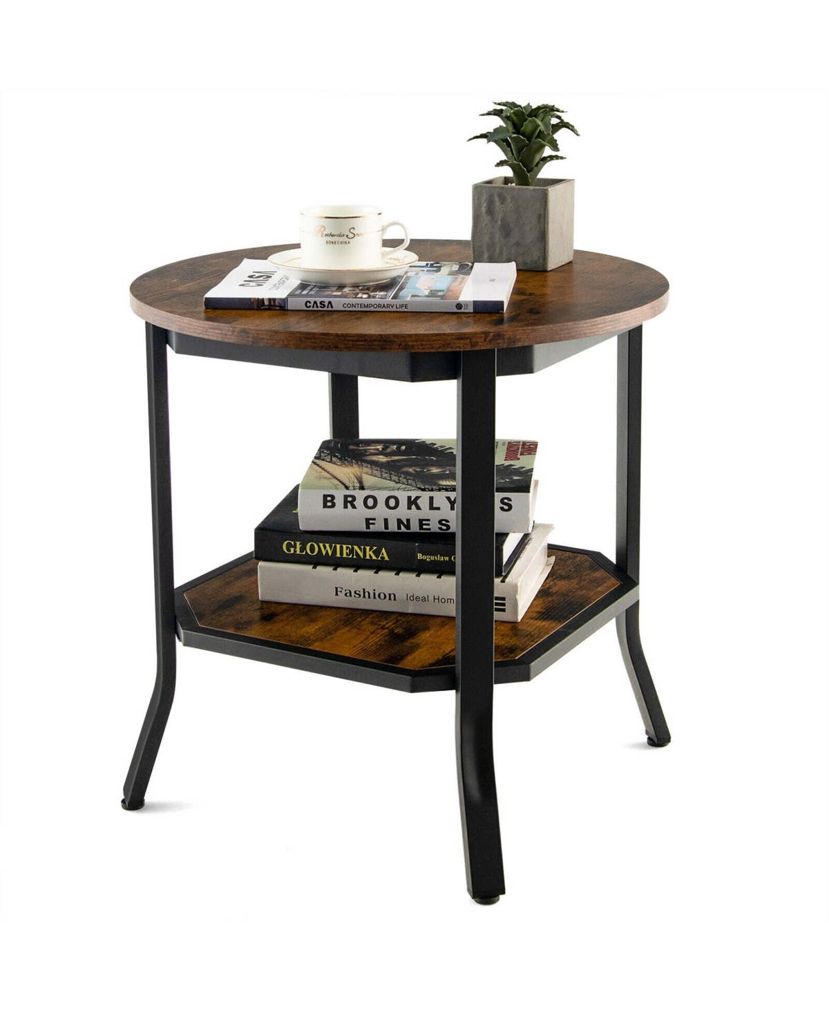 Gymax 2-Tier Sofa End Side Table Nightstand Round Tabletop for Living Room - Rustic brown + black