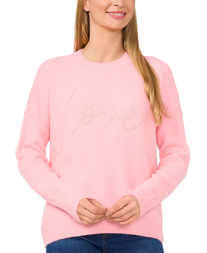 Women's Valentine's Crewneck Beaded Love Script Long-Sleeve Sweater