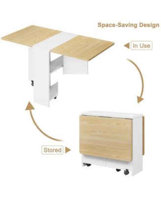 1 PC Wood 6 Wheels and 2-Layer Storage Shelf Folding  Drop Leaf Dining Table