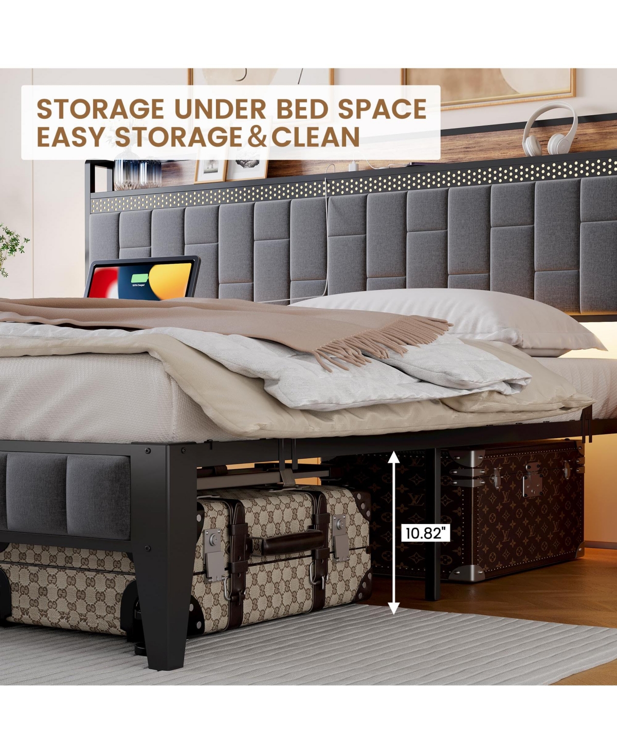 gaomon Bed Frame with Charging Station, Led Bed Frame with Storage Headboard, Upholstered Platform Bed Frame Size