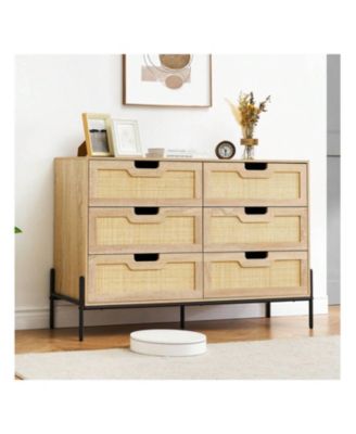6 Drawers Wood Natural Rattan Drawer With Spacious Storage Dresser