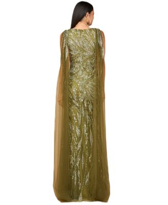Women's V - Neck Gown with Long Cape Sleeves