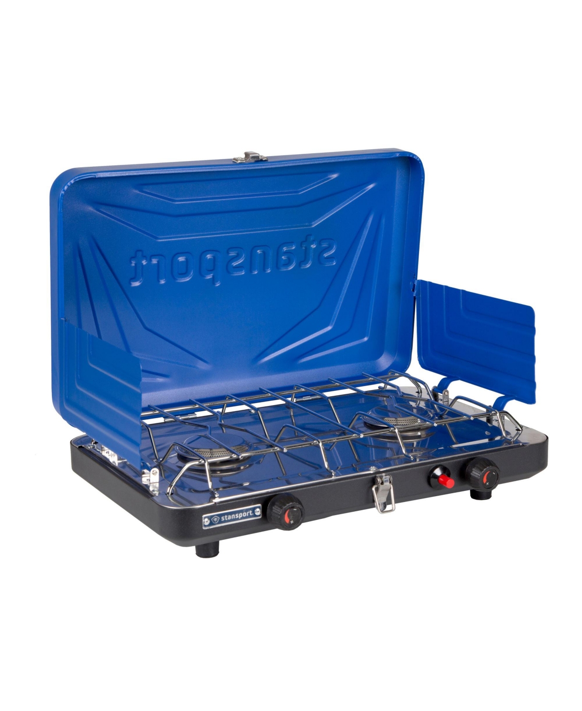 Stansport 2-Burner Propane Stove with Drip Pan & Piezo Igniter - Blue with black base