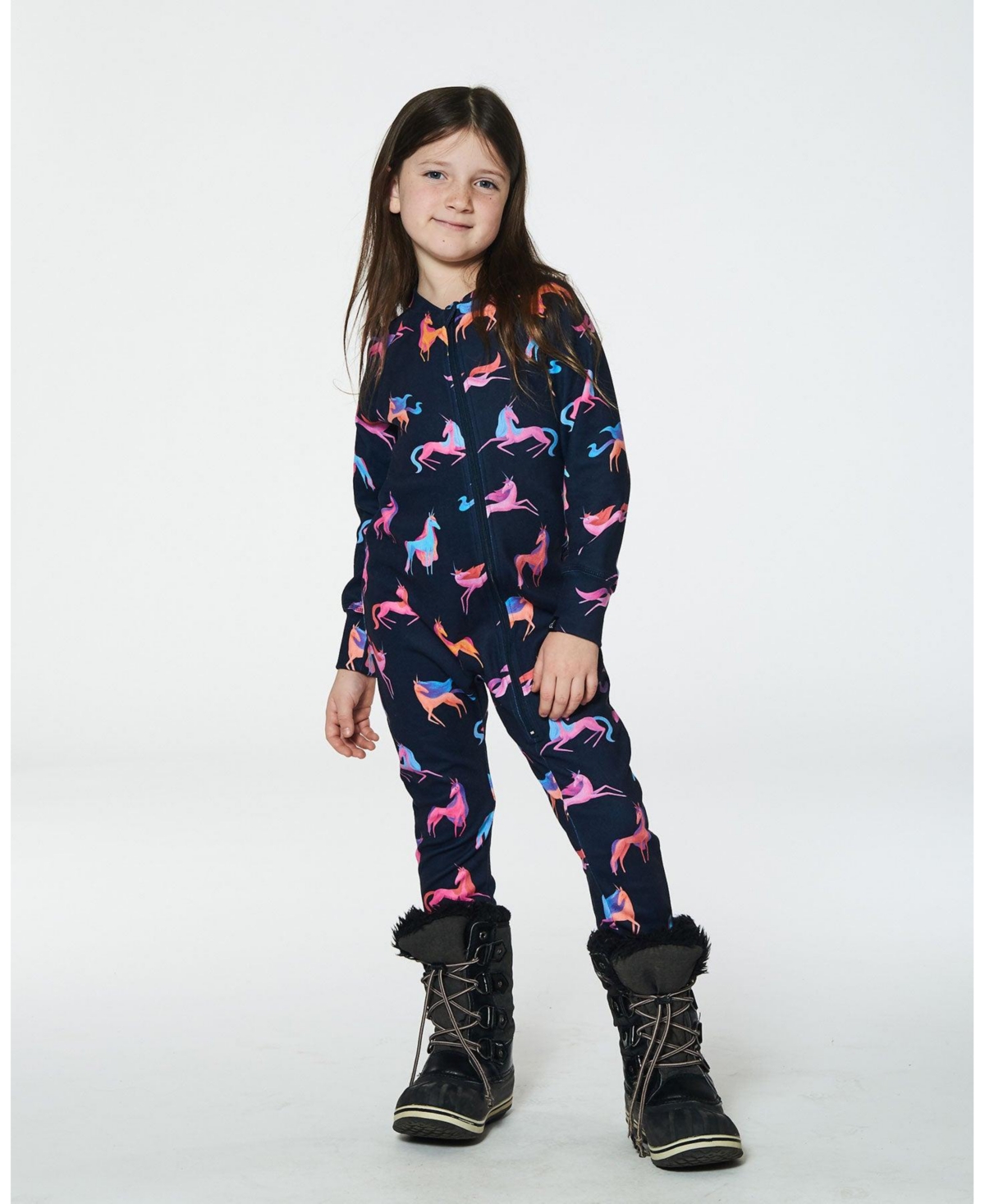 Deux par Deux Toddler Girls One Piece Thermal Underwear- Navy printed unicorn