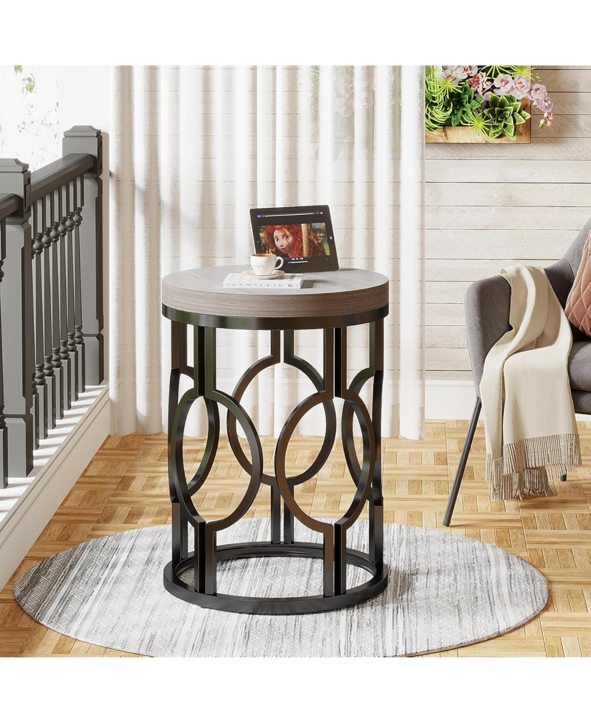 Tribesigns Round Industrial End & Side Table with Metal Hollow Frame, Bedside Table Nightstand
