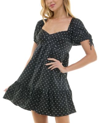 Juniors' Dot Print Puff-Sleeve A-Line Dress