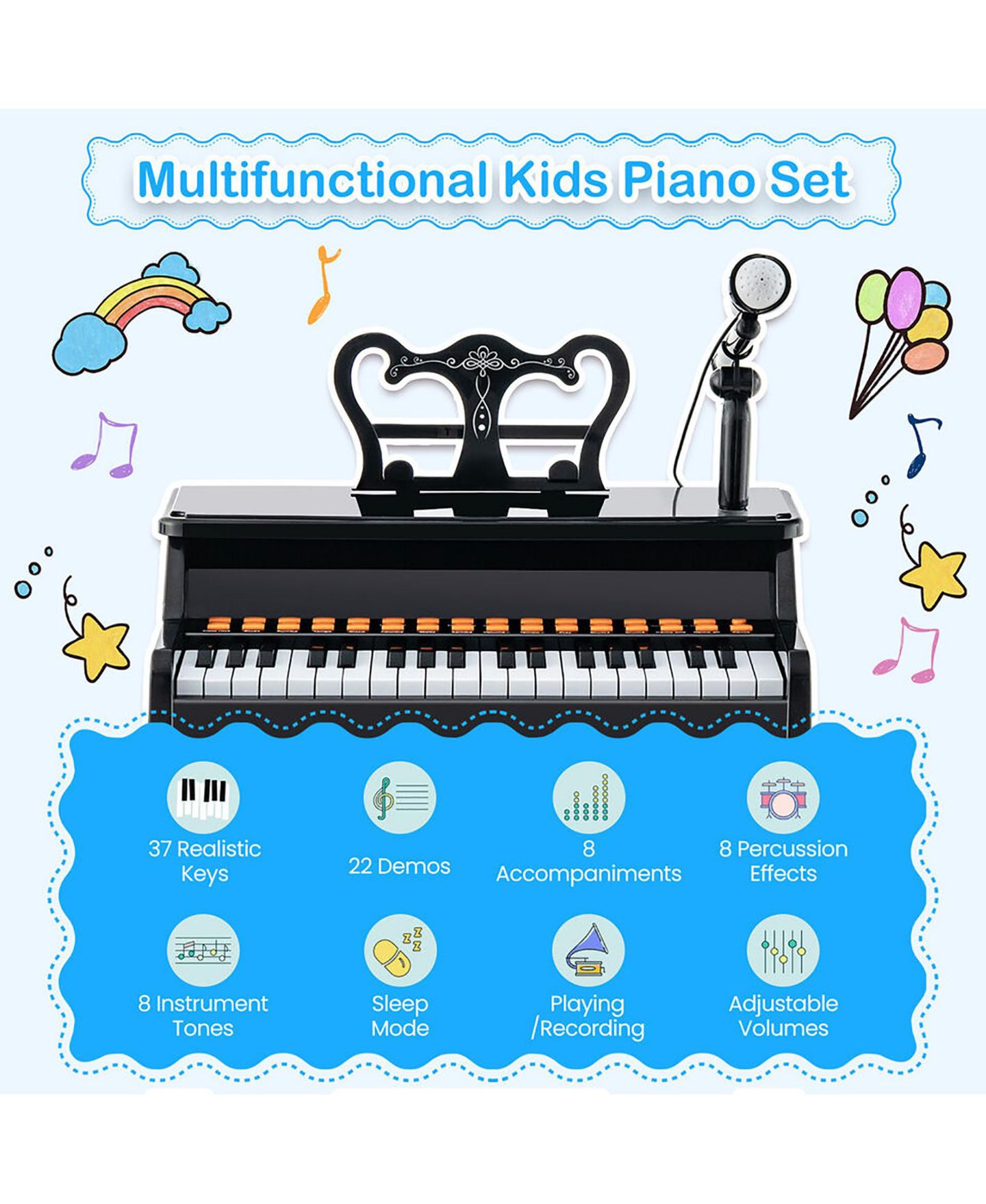 Детская игрушка Gymax 37-Key Music Piano Keyboard With Microphone Kids' Music Keyboard, Ages 3+, цвет: Белый, вариант 1 — фото 8