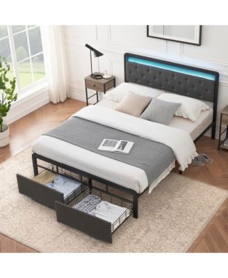 Full Size Bed Frame with Led Lights Headboard, Upholstered Bed with Headboard and 2 Storage Drawers
