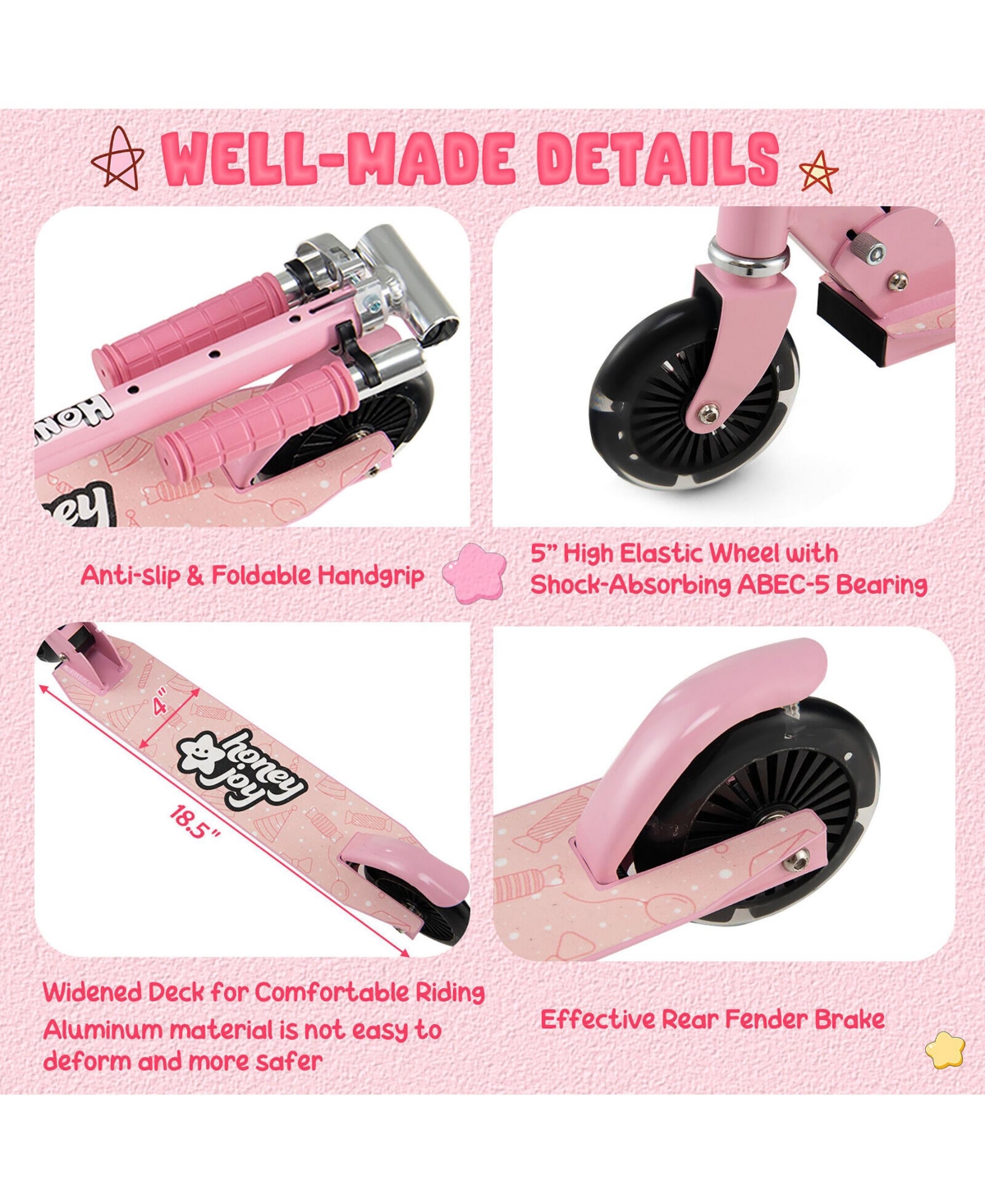 Gymax Folding Adjustable Height Kids Toy Kick Scooter Rear Brake 2 Flashing Wheels- Pink