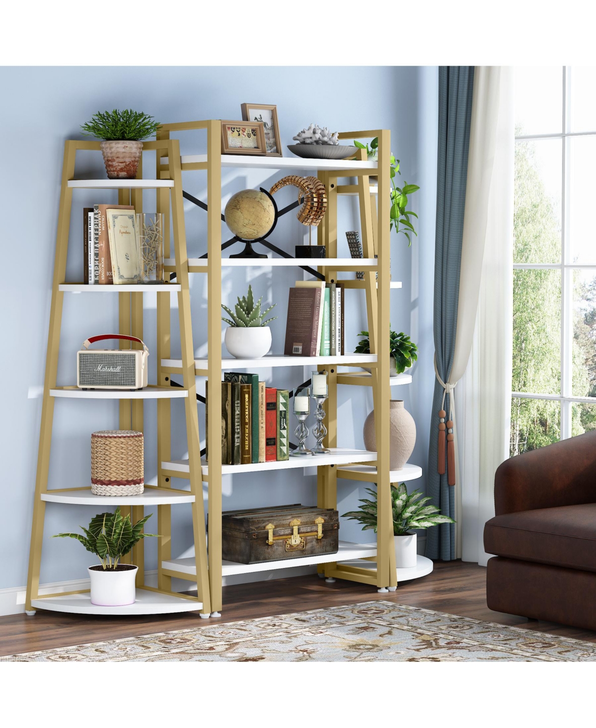 Tribesigns 5 Tier Industrial Corner Bookshelf Bookcase,70 inch Tall Corner Shelf,Industrial Corner Ladder Shelf Plant Stand - White and gold
