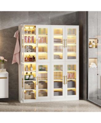 Bookcase with Doors and LED Light, 67-inch Tall  Bookshelf with 8-Tier Adjustable Shelves and Hanging Hooks, Freestanding Storage Cabinet