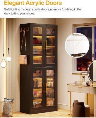 Bookcase with Doors and LED Light, 67-inch Tall  Bookshelf with 8-Tier Adjustable Shelves and Hanging Hooks, Freestanding Storage Cabinet