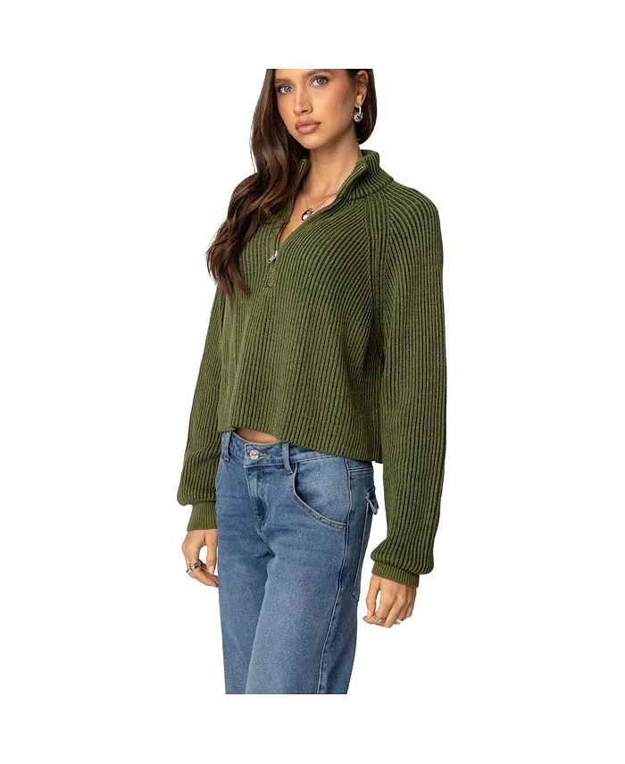 Women's Cropped Rib Knit Half Zip Sweater - thumbnail 2