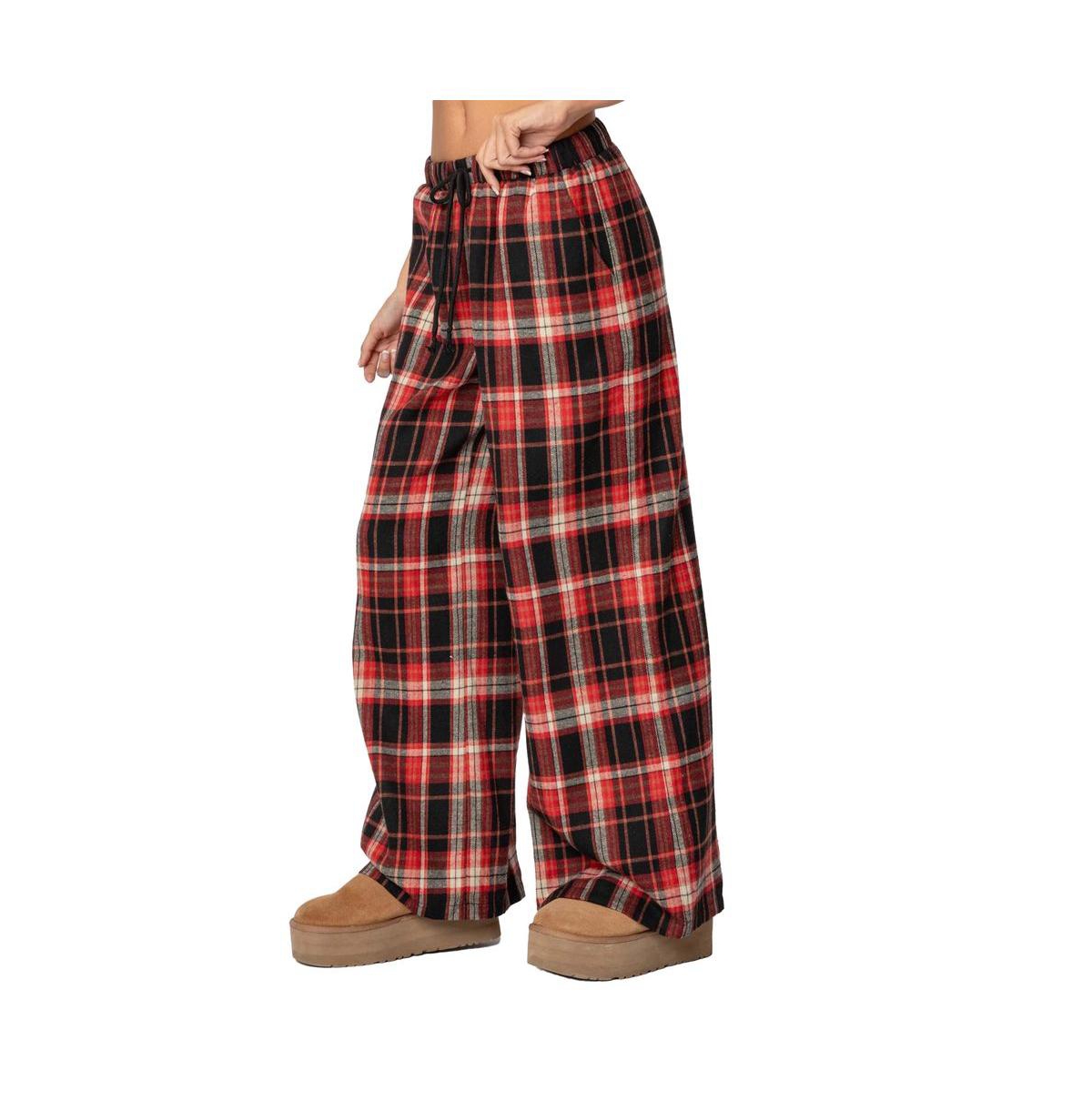 Edikted Women's Lounge Around Plaid Wide Leg Pants