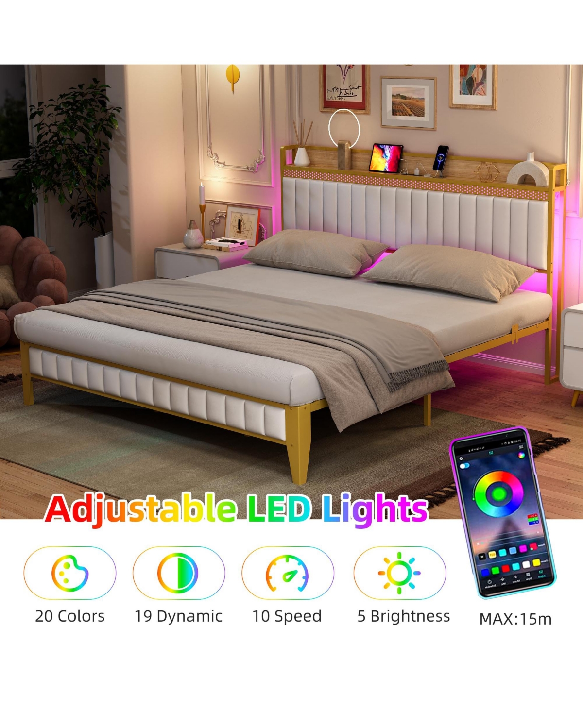 gaomon Size Bed Frame with Storage Headboard and Charging Station