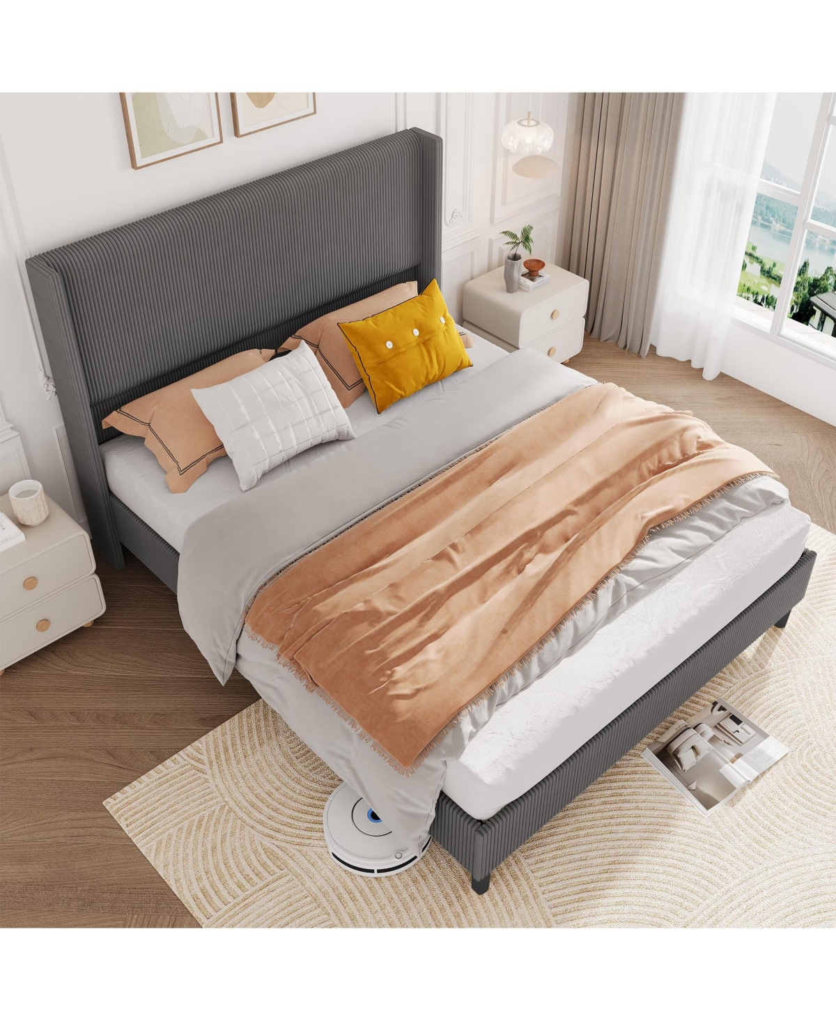 gaomon Size Bed Frame, Upholstered Platform Corduroy Bed Frame with Vertical Channel Tufted Wingback Headboard