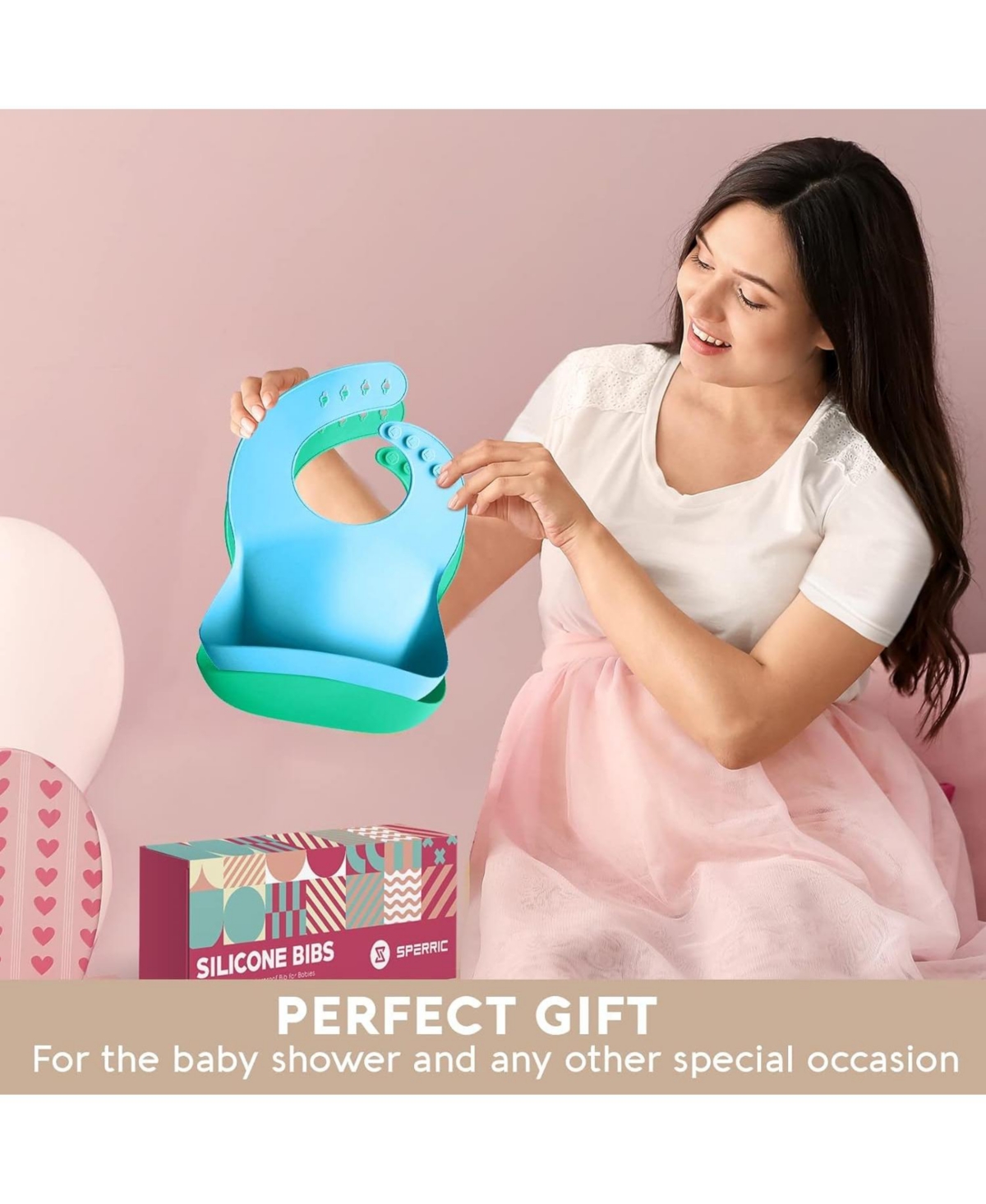 Sperric Baby Girls Silicone Bibs - Soft Bib with Food Catcher and Waterproof Material Adjustable Fit