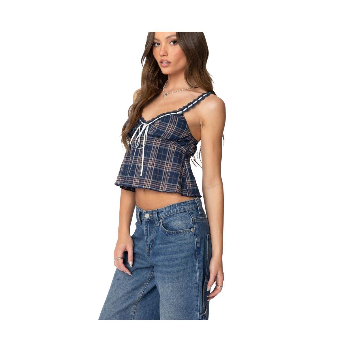 Edikted Women's Plaid Lace Trim Tank Top