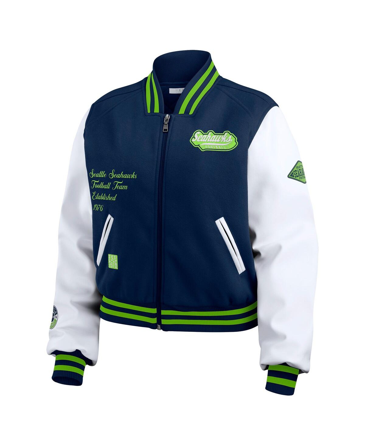 Wear By Erin Andrews Women's College Navy/white Seattle Seahawks Varsity Full-zip Jacket In College Navy,white