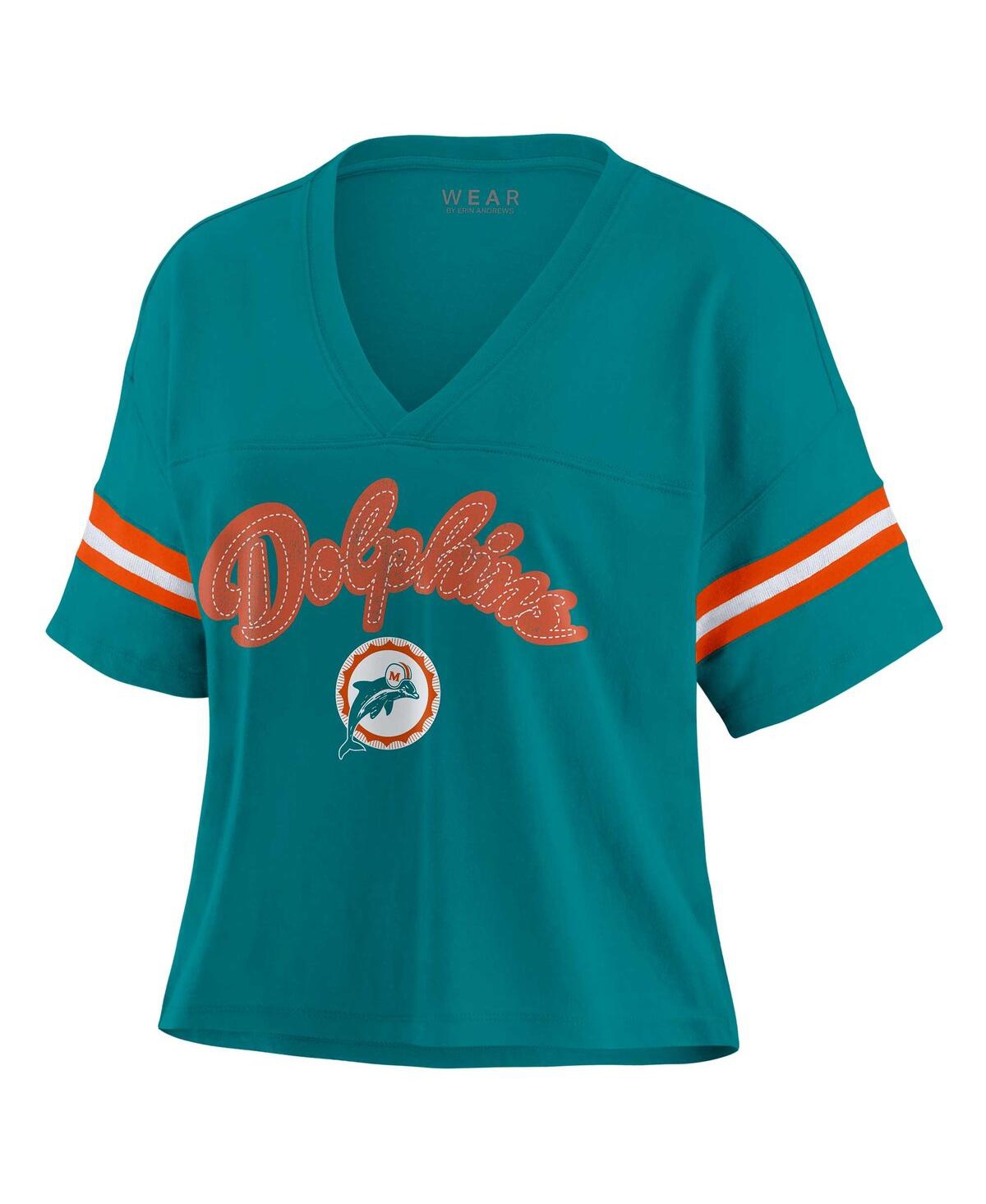 Wear By Erin Andrews Women's Aqua Miami Dolphins Plus Size Color Block Boxy V-neck T-shirt In Aqua