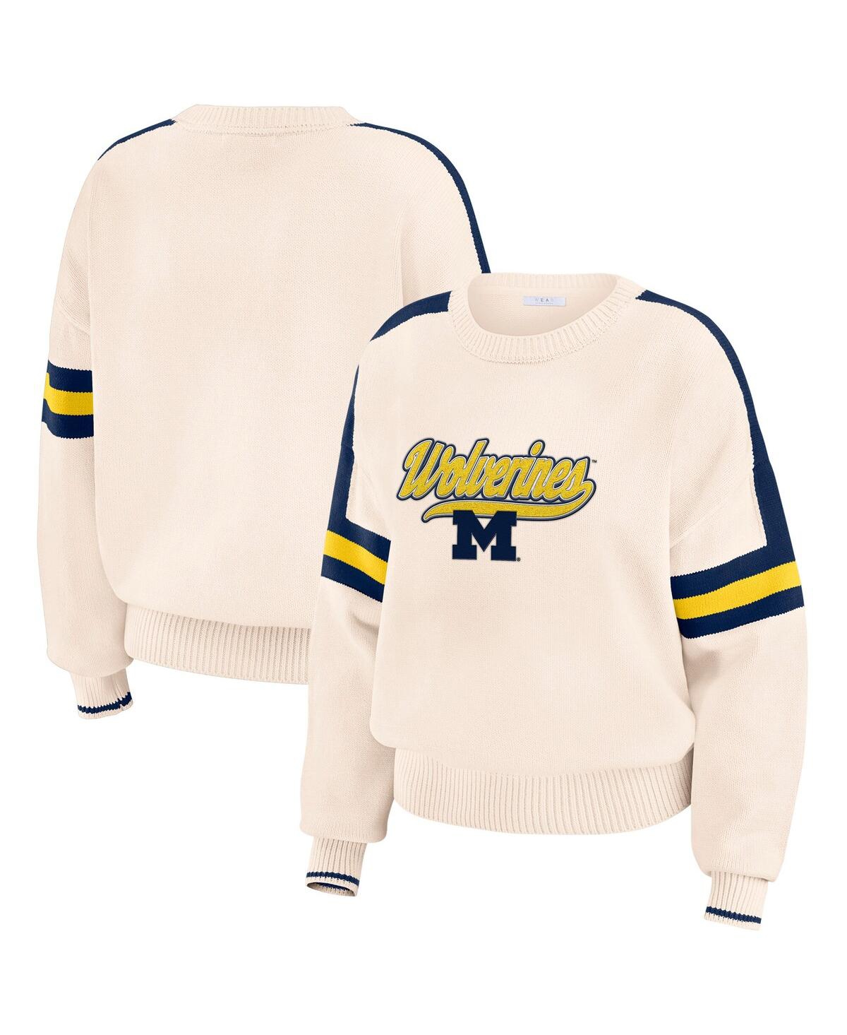 Women's Cream Michigan Wolverines Chenille Woven Patch Stripe Pullover Sweatshirt - Cream, Navy