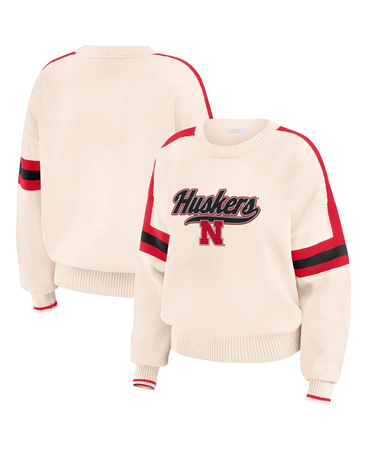 Women's Cream Nebraska Huskers Chenille Woven Patch Stripe Pullover Sweatshirt - Cream, Red