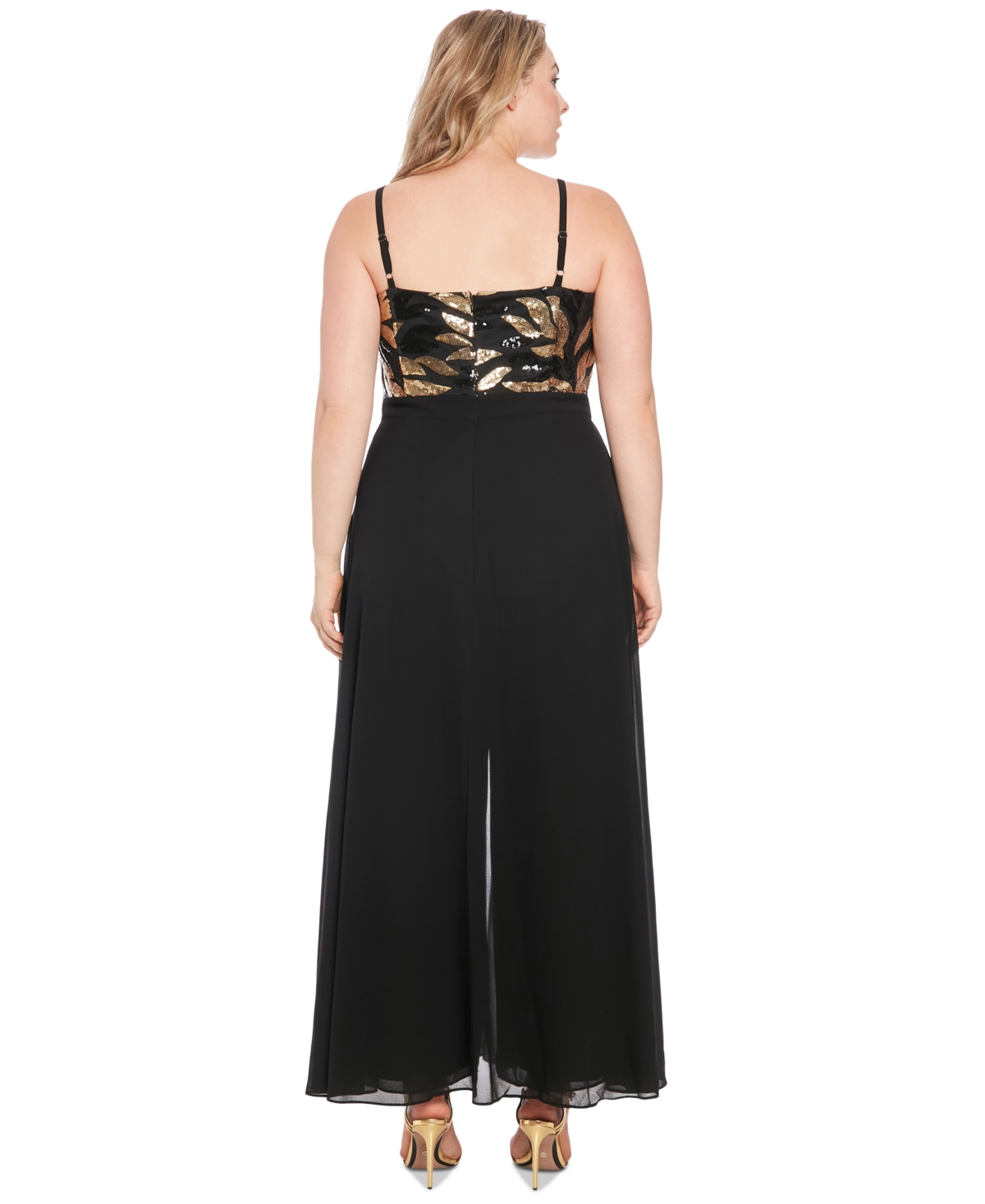 London Times Plus Size Sequined Overlay Jumpsuit In Black.gold