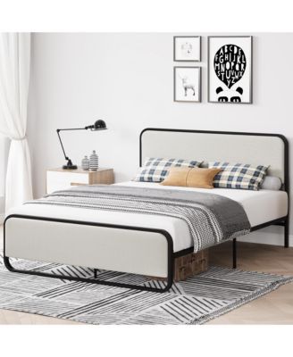 Queen Size Bed Frame with Upholstered Headboard and Footboard, Heavy Duty Platform Metal Bed Frame