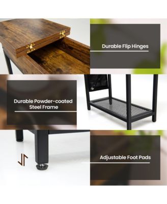 End Table with USB Charging Station, Flip Top, Side Pocket – Industrial Nightstand