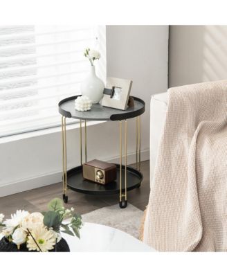 2-Tier Side End Table Round Nightstand Gold Frame for Living Room Bedroom