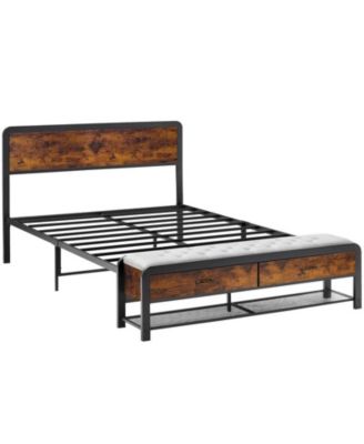 Queen Size Metal Bed Frame with Rounded Corners, Platform Frame with Storage Bench, Double Bed Frame for Bedroom, No Box Spring Required