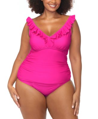 Trendy Plus Size Andressa Ruffled Tankini Top Costa Ruched Bikini Bottoms