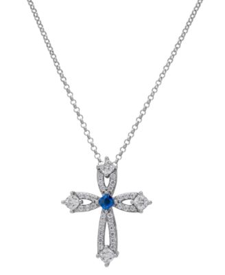 Macy's - Blue Spinel (1/20 ct. t.w.) & Lab Grown White Sapphire (1-1/3 ct. t.w.) Open Cross 18" Pendant Necklace in Sterling Silver